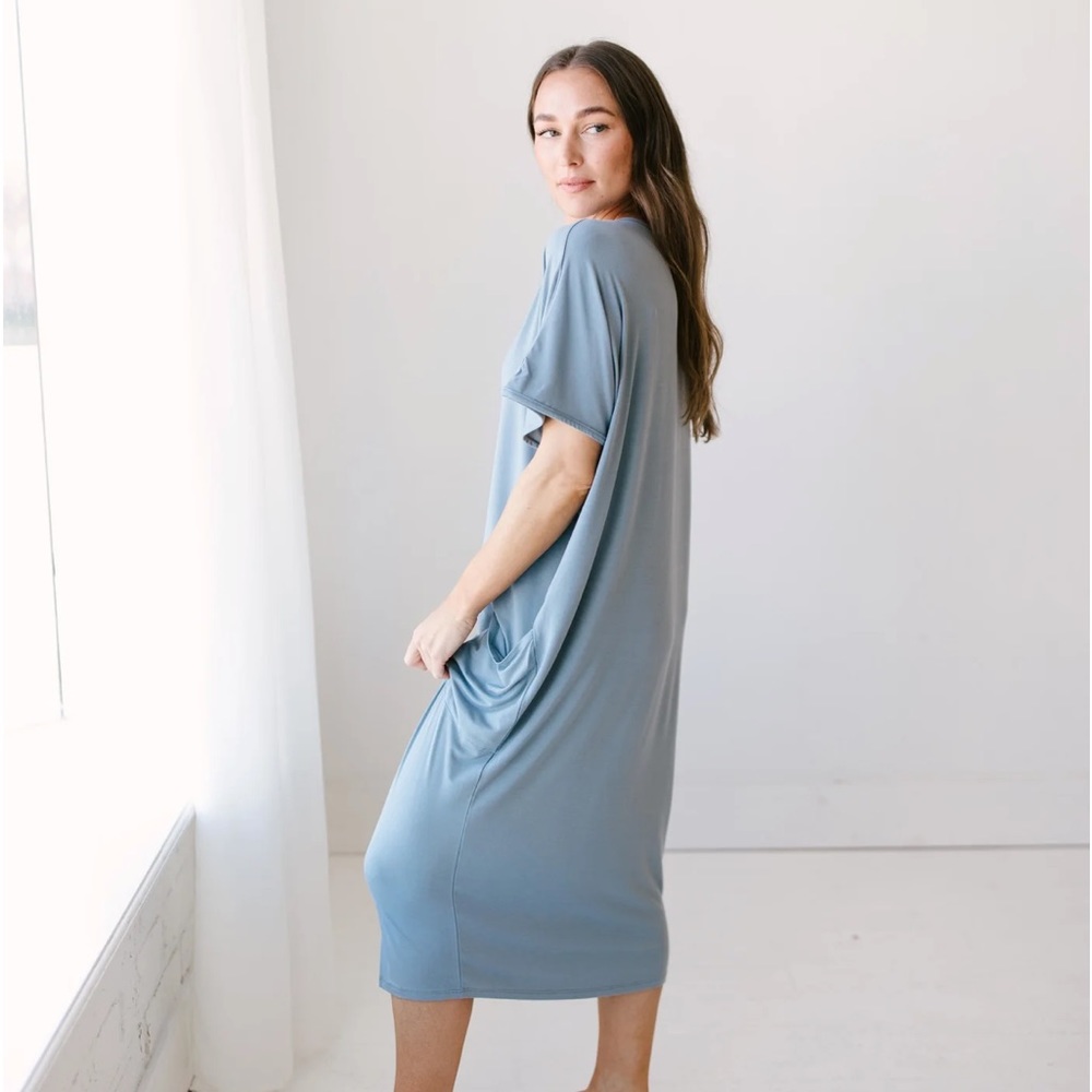 DWELL & SLUMBER cocoon dress in chambray color. Sold Out online.